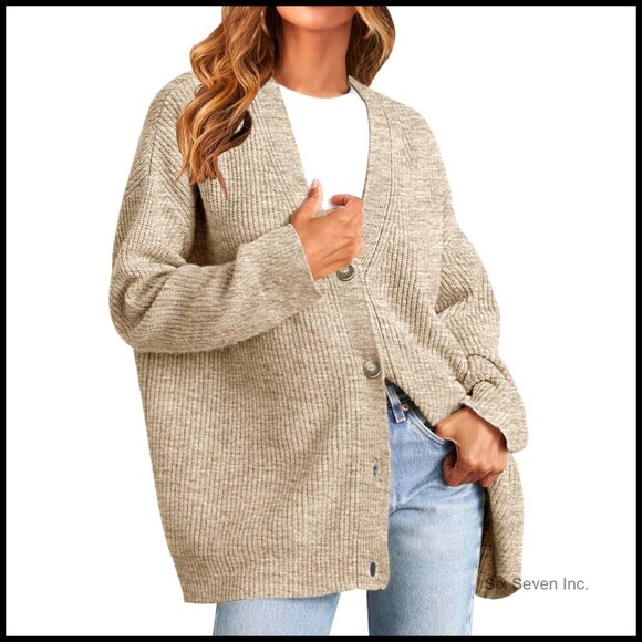 Sweaters - Oversized V Neck Cardigan Open Front Loose Knit Soft Cozy Fall Sweater